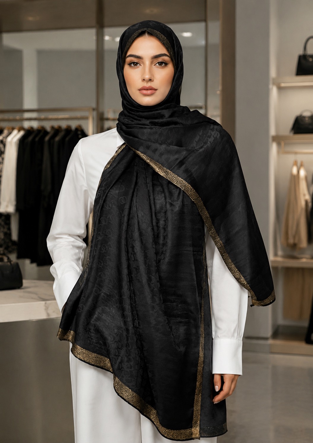 شال نخ ابریشم ژاکارد وارداتی حاشیه طلایی